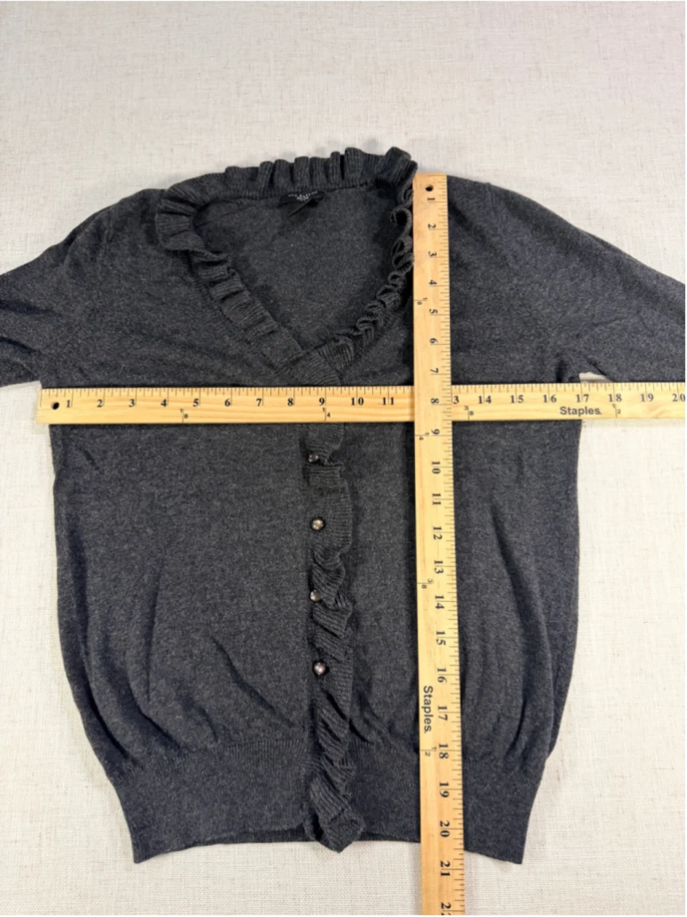 Ann Taylor Petite Women’s Ruffle Trim Button Front Cardigan Heather Charcoal Sma